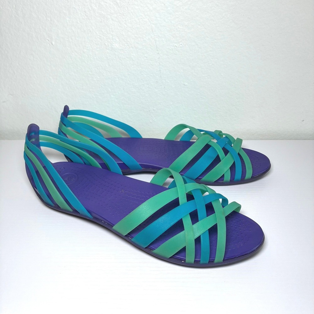 Crocs Isabella Huarache Jelly Sandals Strappy Flats Blue Teal Coastal Womens 11